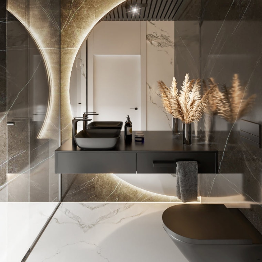 Czarna łazienka dla gości z prysznicem